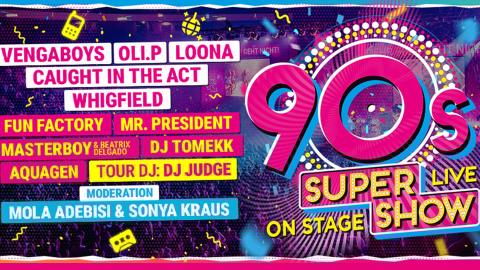 Das Plakat für die Veranstaltung 90s Super Show, mit einem bunten Design im typischen Stil der 90er Jahre