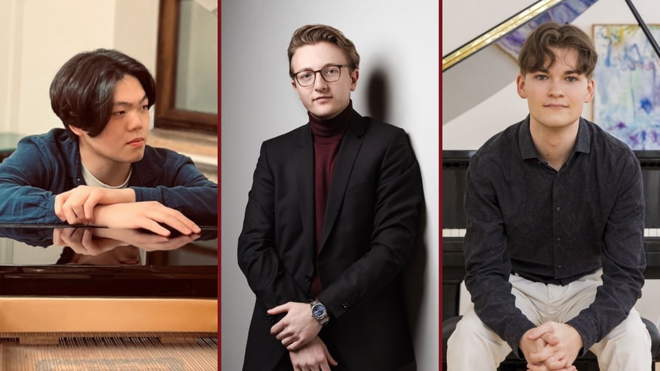 Collage mit Porträts dreier junger Pianisten an oder vor einem Klavier in eleganter und moderner Darstellung.