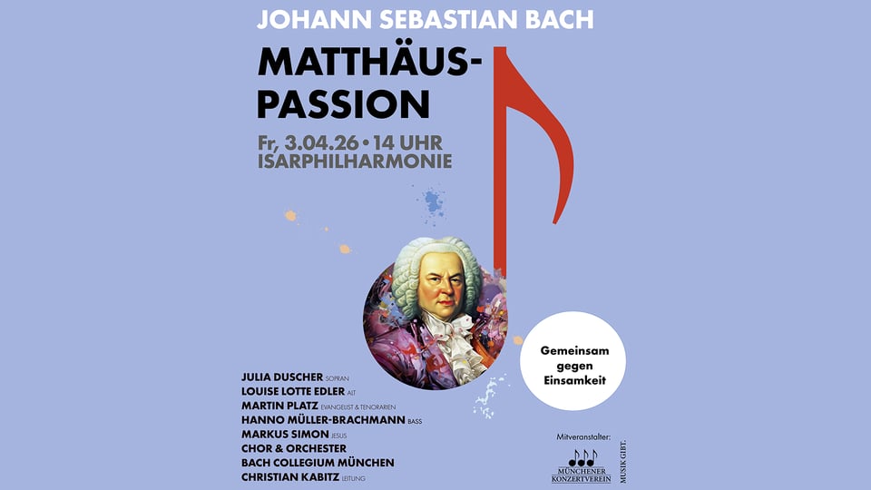 Plakat in hellblau mit einem Bild von Bach und Aufschrift der Konzertankündigung