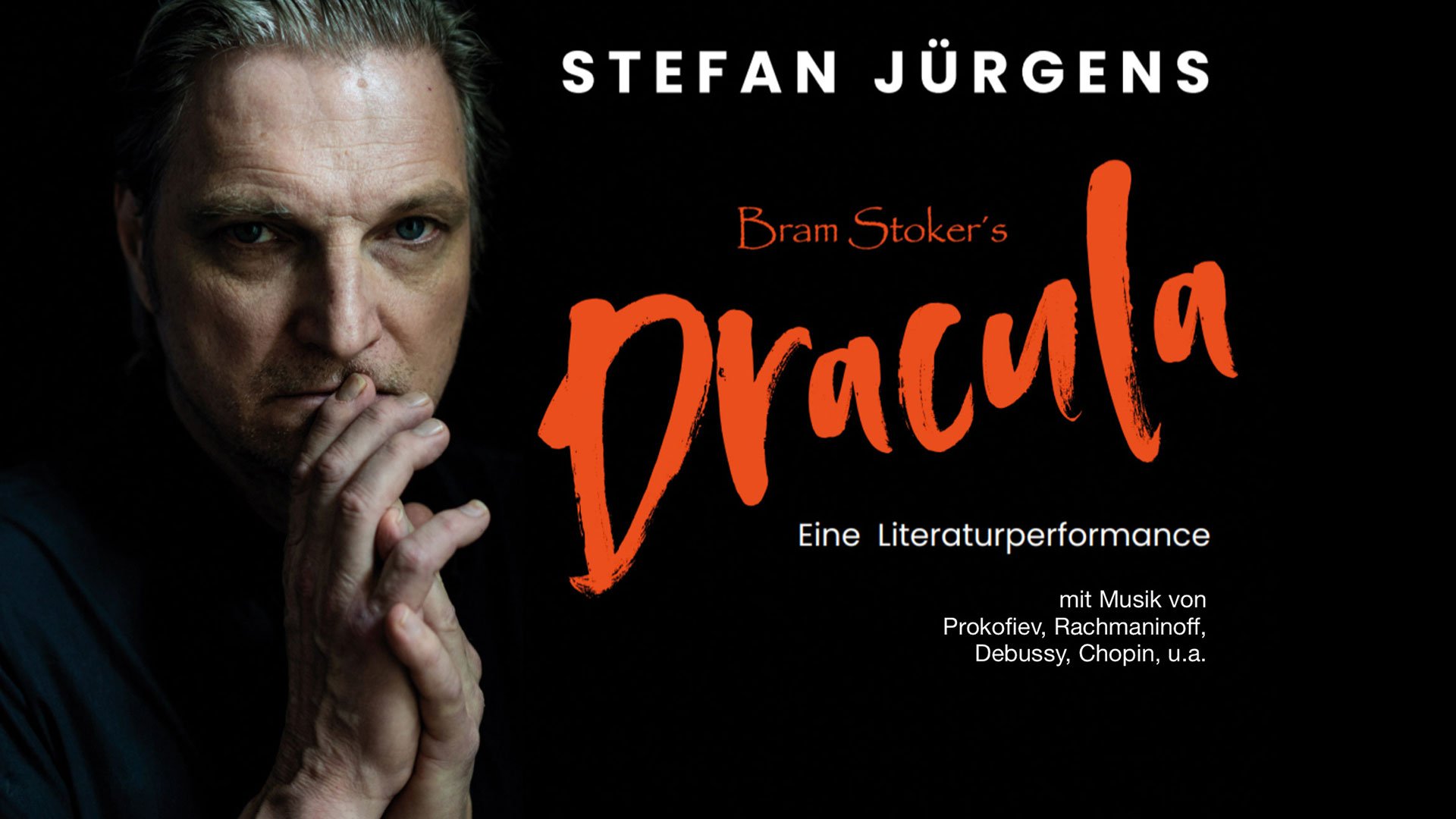 Plakat für die Veranstaltung Stefan Jürgens liest Bram Stoker’s Dracula mit dem Künstler und weiß‑orangefarbener Typografie vor schwarzem Hintergrund