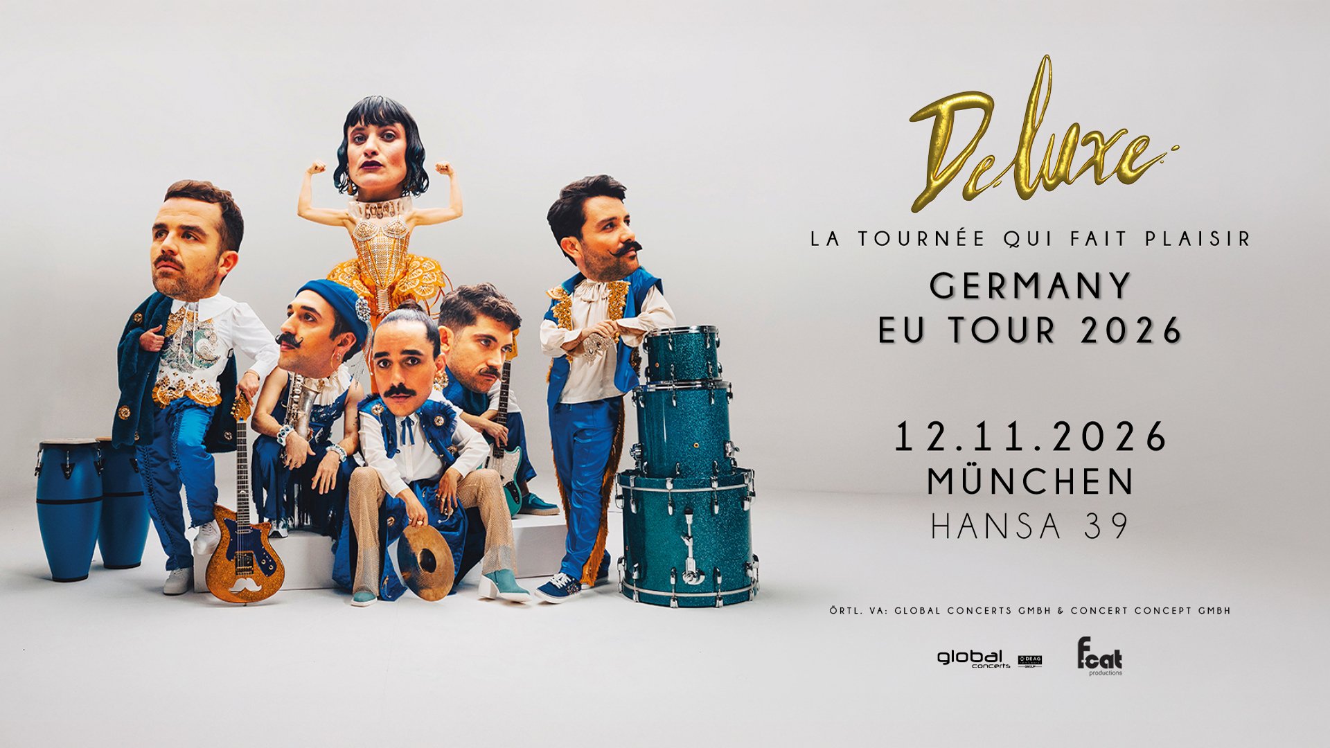 Bandportrait von Deluxe mit überzeichneten Köpfen in bunten Bühnenoutfits und Instrumenten, kreatives Poster zur EU Tour 2026 in München im Hansa 39