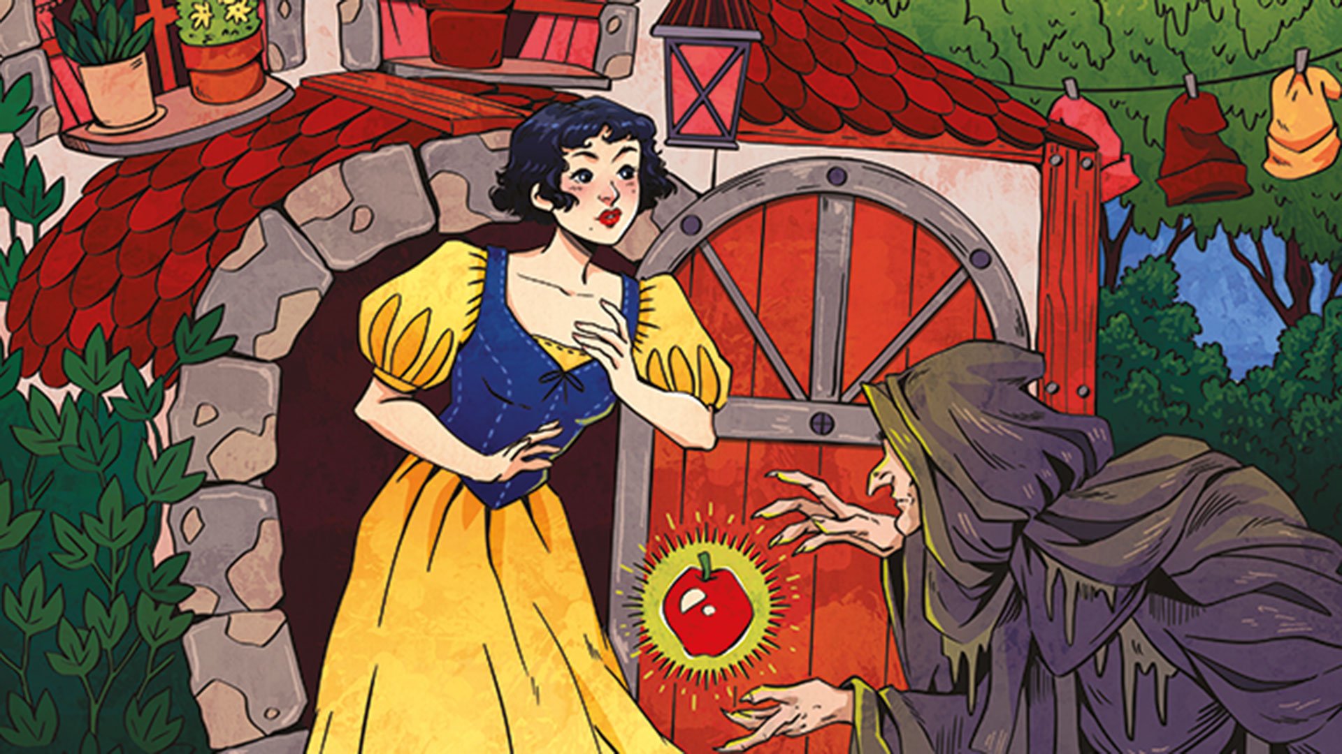 Foto für das Event Schneewittchen und die 7 Zwerge, mit einer Illustration von Schneewittchen, der Hexe mit dem Apfel und dem Häuschen der Zwerge im Hintergrund