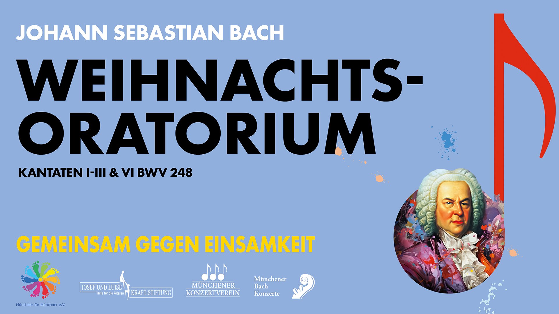 Das Plakat für das Event ‚J.S. Bach Weihnachtsoratorium mit dem Bach Collegium München‘ – alles vor blauem Hintergrund.
