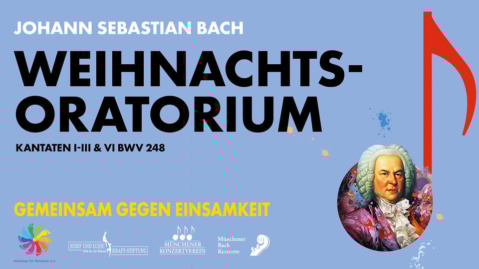 Das Plakat für das Event ‚J.S. Bach Weihnachtsoratorium mit dem Bach Collegium München‘ – alles vor blauem Hintergrund.