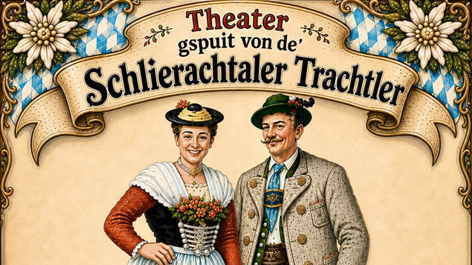 Plakat in traditionellem bayerischem Stil zur Veranstaltung Quadratratschnschlamassel sowie einer Zeichnung eines Paares in Trachtenkleidung