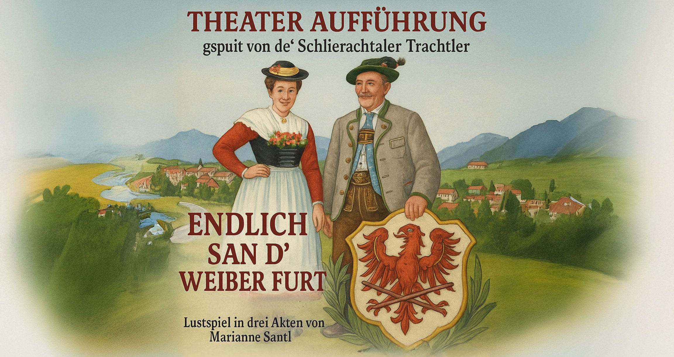 Grafik mit Aufschrift mit einem Paar in Tracht vor Landschaft