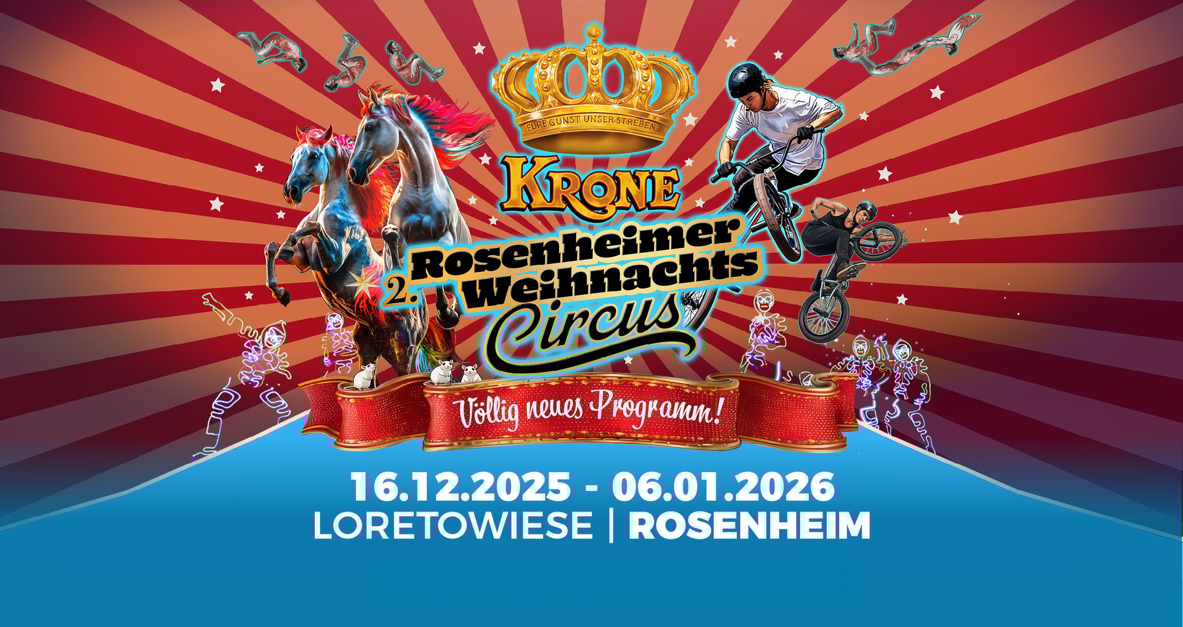 Grafik mit Artisten und Pferden in bunten Farben und Ankündigung