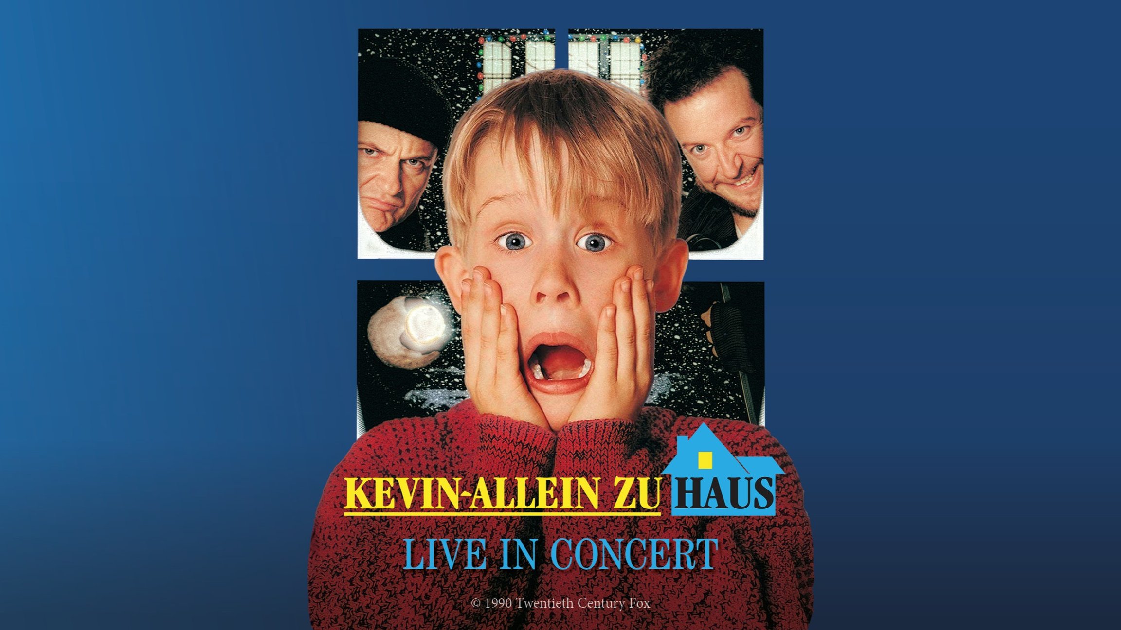 Plakat mit Darsteller des Films Kevin allein zu Haus mit Collage mehrerer Personen im Hintergrund