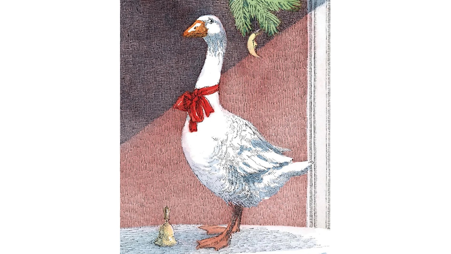 Illustration einer weißen Gans mit roter Schleife um den Hals, die neben einem kleinen Glöckchen steht, vor rosafarbener Wand und unter einem Tannenzweig mit Mondmotiv