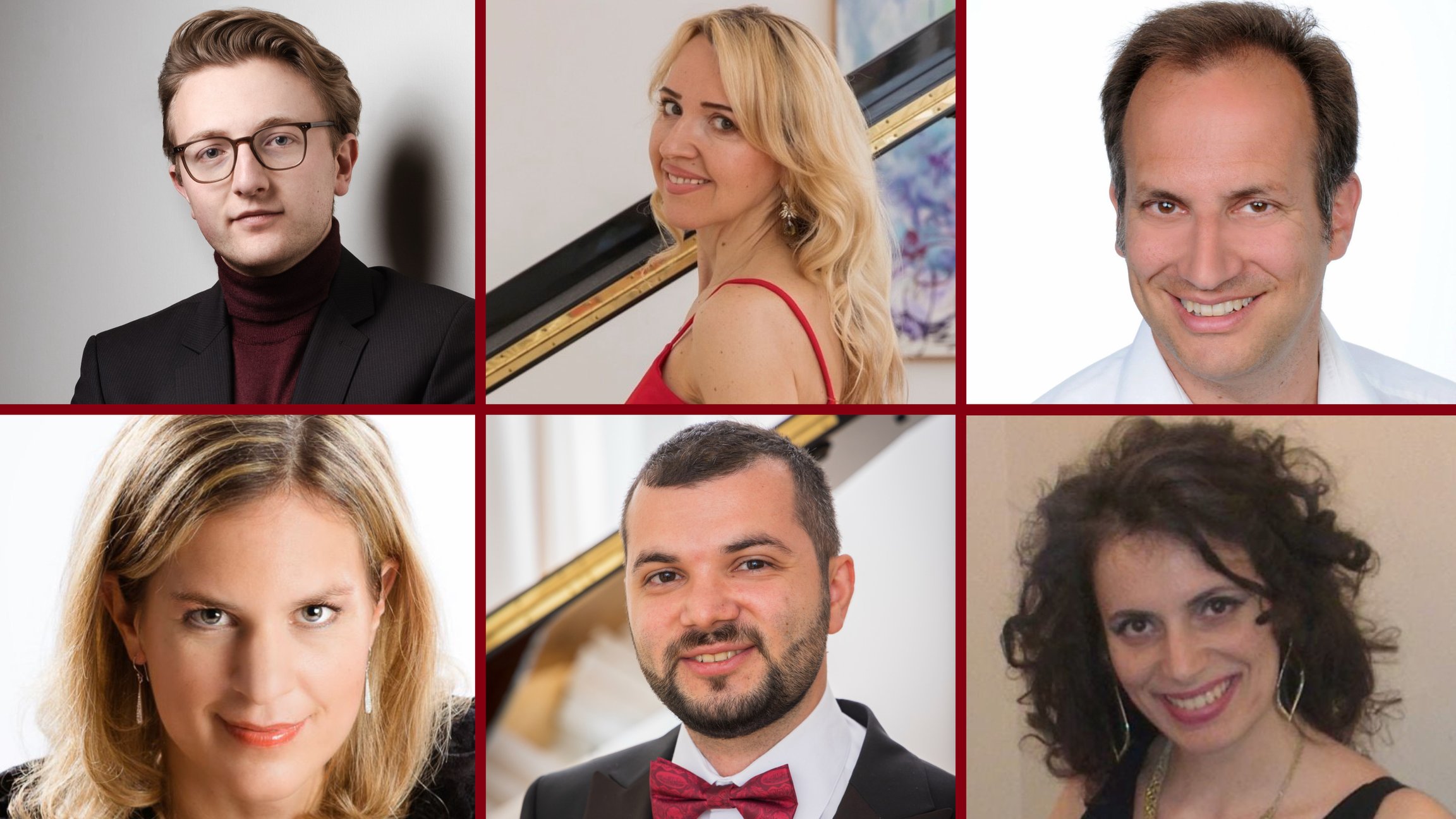 Collage aus Fotos der sechs Künstler*innen Anthony Sintow-Behrens, Helen Blau, Keith Gruen; Sylvia Dankesreiter, Paul Buruiana, Ramona Bolojan.