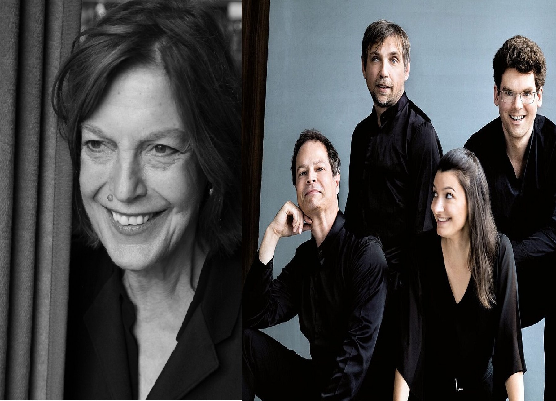 Angela Winkler in schwarz-weiß und das delian::quartett als Collage
