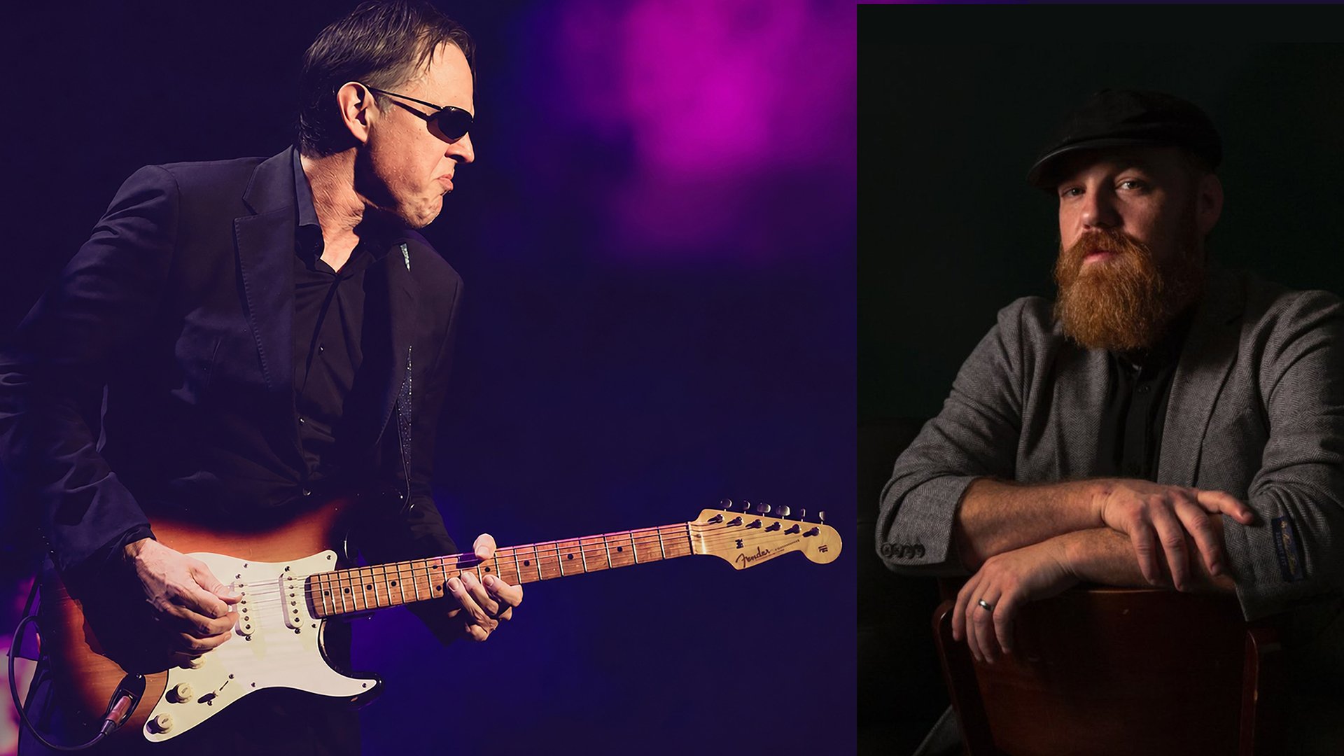 Collage mit Joe Bonamassa mit Gitarre auf beleuchteter Bühne und Marc Broussard als Porträt mit Bart und Mütze vor dunklem Hintergrund