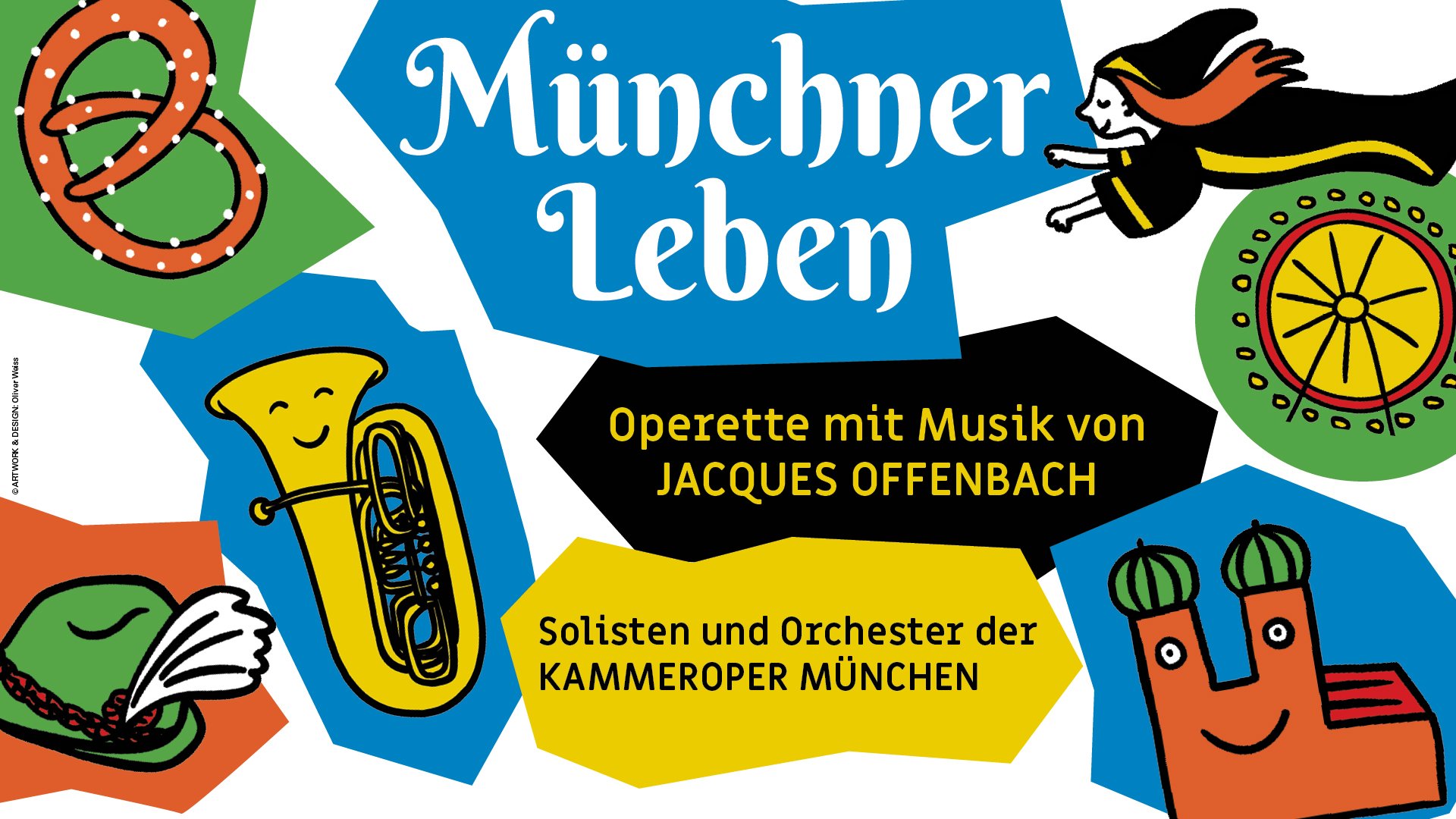 Illustration mit Breze, Trompete, Trachtenhut, Münchner Frauenkirche und dem Münchner Kindl mit Aufschrift der Veranstaltung