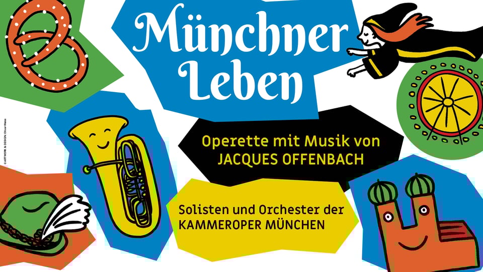 Illustration mit Breze, Trompete, Trachtenhut, Münchner Frauenkirche und dem Münchner Kindl mit Aufschrift der Veranstaltung