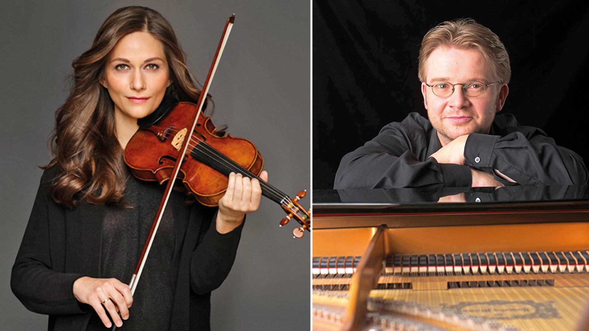 Zwei Musikerporträts: Eine Person hält eine Violine, daneben eine Person an einem Flügel vor dunklem Hintergrund
