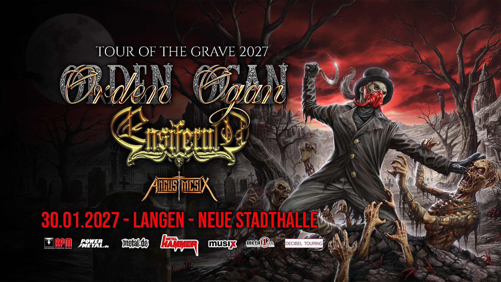 Plakat zur Tour of the Grave 2027 von Orden Ogan mit Ensiferum und Angus McSix, düstere Fantasy-Szene mit Friedhof, Figuren und rotem Himmel sowie Termin 30.01.2027 in Langen