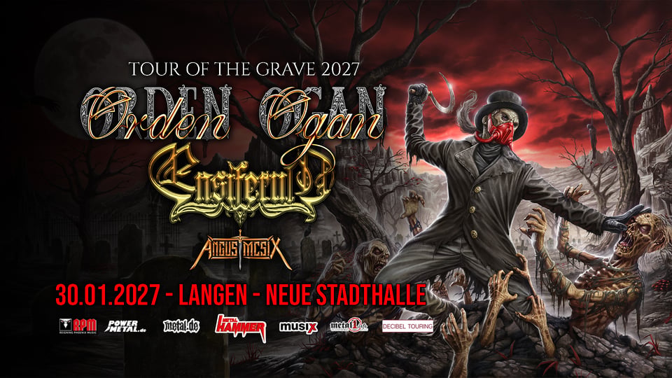 Plakat zur Tour of the Grave 2027 von Orden Ogan mit Ensiferum und Angus McSix, düstere Fantasy-Szene mit Friedhof, Figuren und rotem Himmel sowie Termin 30.01.2027 in Langen