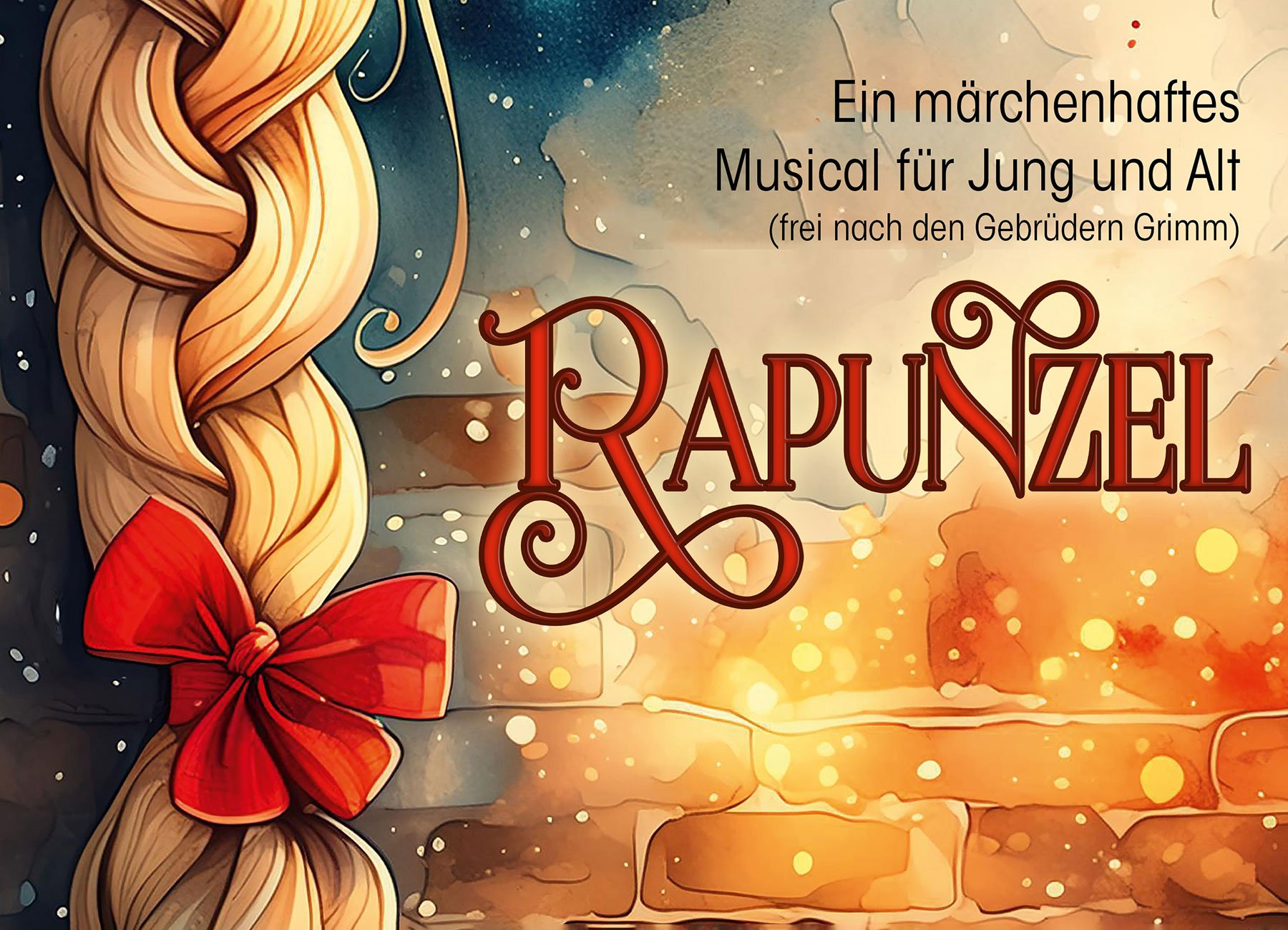 Das Veranstaltungsplakat von „Rapunzel“ mit einer Illustration eines blonden Zopfes mit rotem Band und einer Ziegelsteinwand.