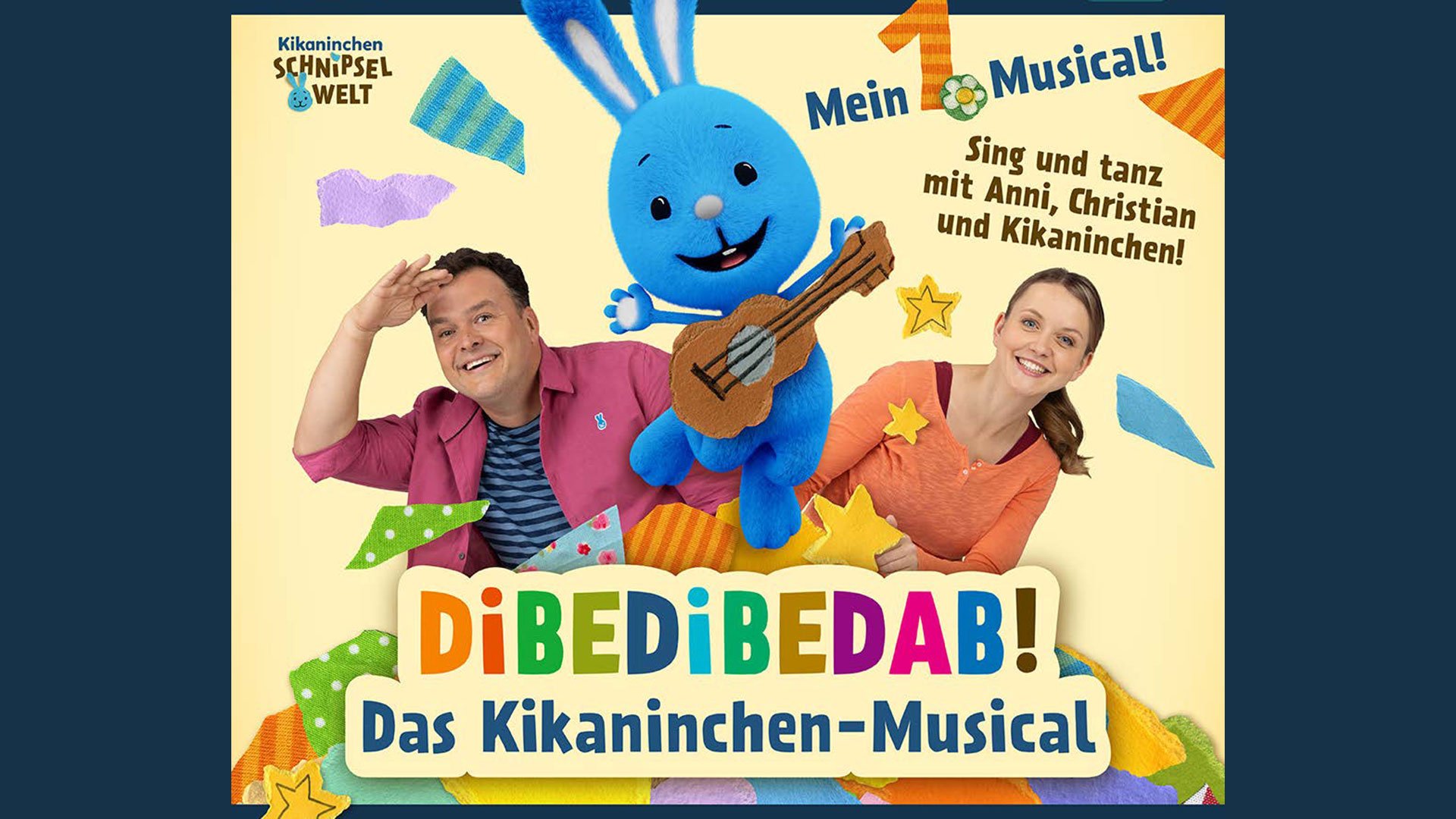 Das Plakat für das Event „Dibedibedab! – Das Kikaninchen-Musical“ mit farbenfrohen, kindgerechten Illustrationen, einem blauen Hasen mit Gitarre und den beiden Künstlern auf gelbem Hintergrund.