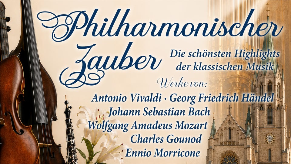 Plakat für klassisches Konzert Philharmonischer Zauber mit Violine, Oboe und Kirchenarchitektur, Werke von Vivaldi, Händel, Bach, Mozart und Morricone