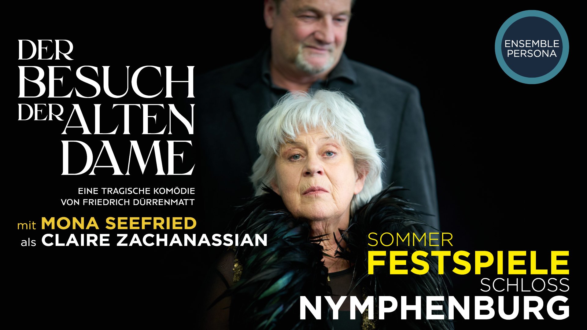 Foto für die Veranstaltung Der Besuch der alten Dame mit einer Frau und einem Mann sowie weißer Typografie auf schwarzem Hintergrund.