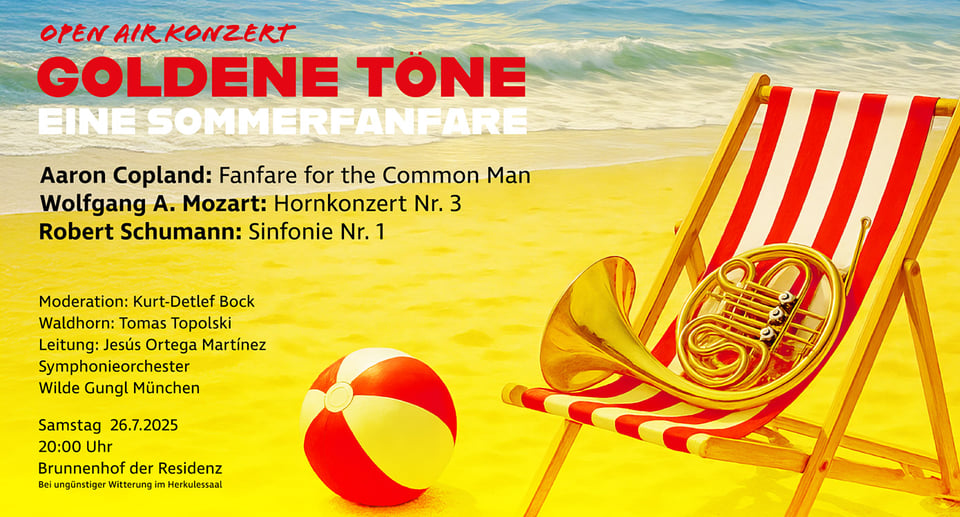 Plakat mit rot-weiss gestreiftem Liegestuhl am Strand mit Instrument und Aufschrift mit Konzertankündigung