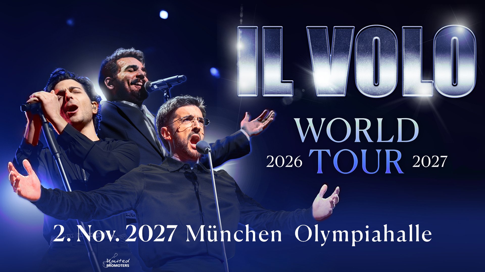 Das Plakat für die Veranstaltung IL VOLO mit den drei Künstlern und einer metallic-farbenen Typografie mit ihrem Namen, alles vor blauem Hintergrund.