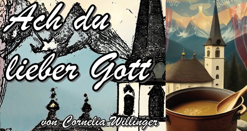 Veranstaltungsplakat mit einer Collage, links eine Illustration mit einem Berg und einer Kirche mit weißer Typografie. Auf der rechten Seite ein weiteres Bild mit einem Topf
