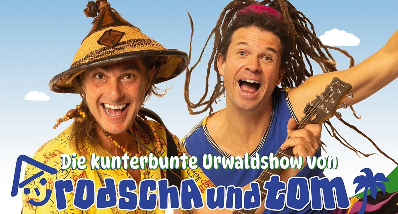 Foto der beiden Künstler, einer mit Hut, der andere mit Ratten, im Hintergrund eine Illustration des blauen Himmels