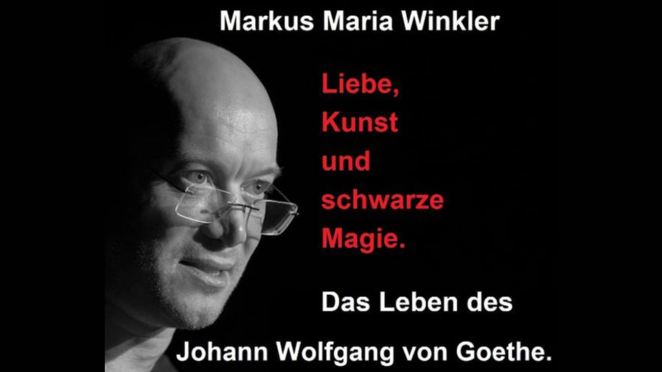 Plakat mit Foto des Lesers und roter und schwarzer Aufschrift 