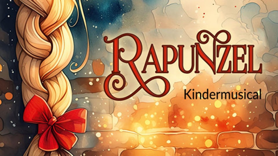 Das Veranstaltungsplakat von „Rapunzel“ mit einer Illustration eines blonden Zopfes mit rotem Band und einer Ziegelsteinwand.