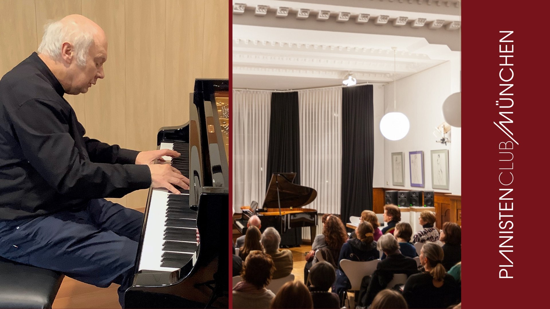 Collage zum Pianistenclub München mit einem Pianisten am Flügel in der linken Bildhälfte, einem Konzertsaal mit Publikum und Konzertflügel in der rechten Bildhälfte sowie dem vertikalen Schriftzug Pianistenclub München auf rotem Hintergrund