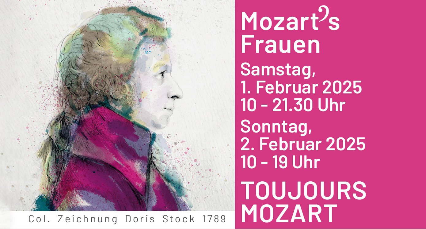 Veranstaltungsplakat, auf der einen Seite eine Zeichnung von Mozart, auf der anderen ein rosa Hintergrund mit weißer Typografie