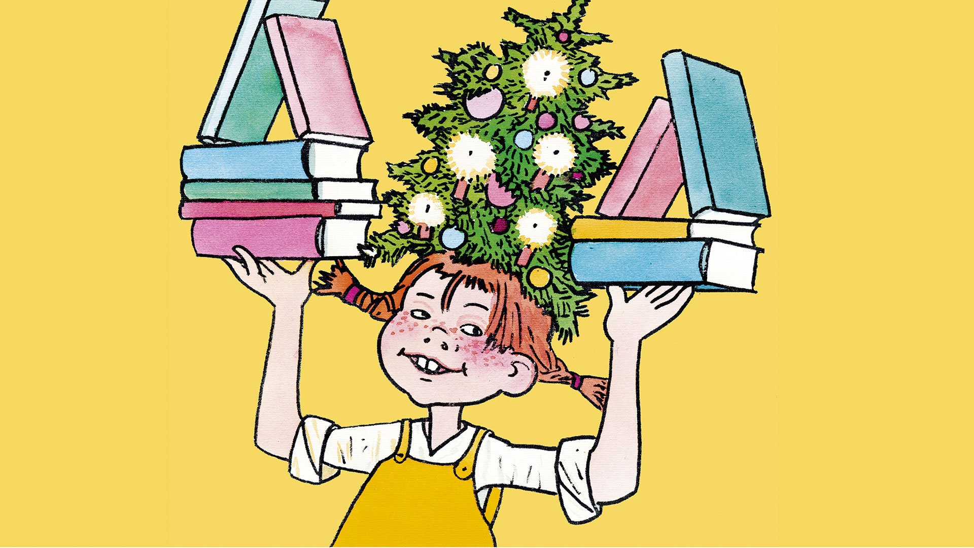 Illustratives Motiv nach Astrid Lindgren mit Kind, das Bücher balanciert und einen geschmückten Weihnachtsbaum auf dem Kopf trägt, vor gelbem Hintergrund