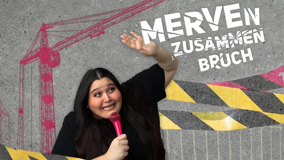 Plakat von Merve Çakır mit pinkem Mikrofon vor grauer Betonwand, darüber der Schriftzug Merven Zusammenbruch sowie grafische Elemente wie Baukran und Absperrband.