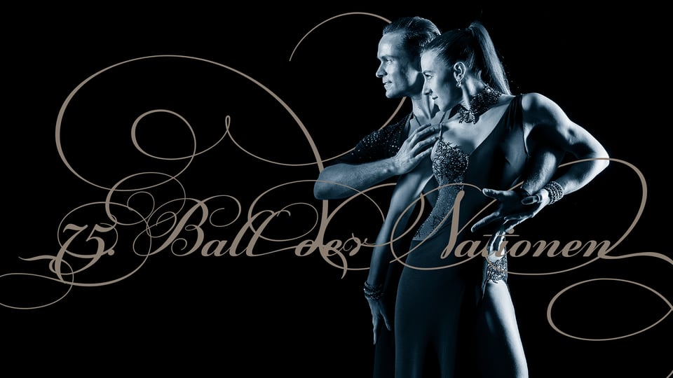 Schwarz weiss Bild eines Tanzpaares vor schwarzem Hintergrund und Aufschrift