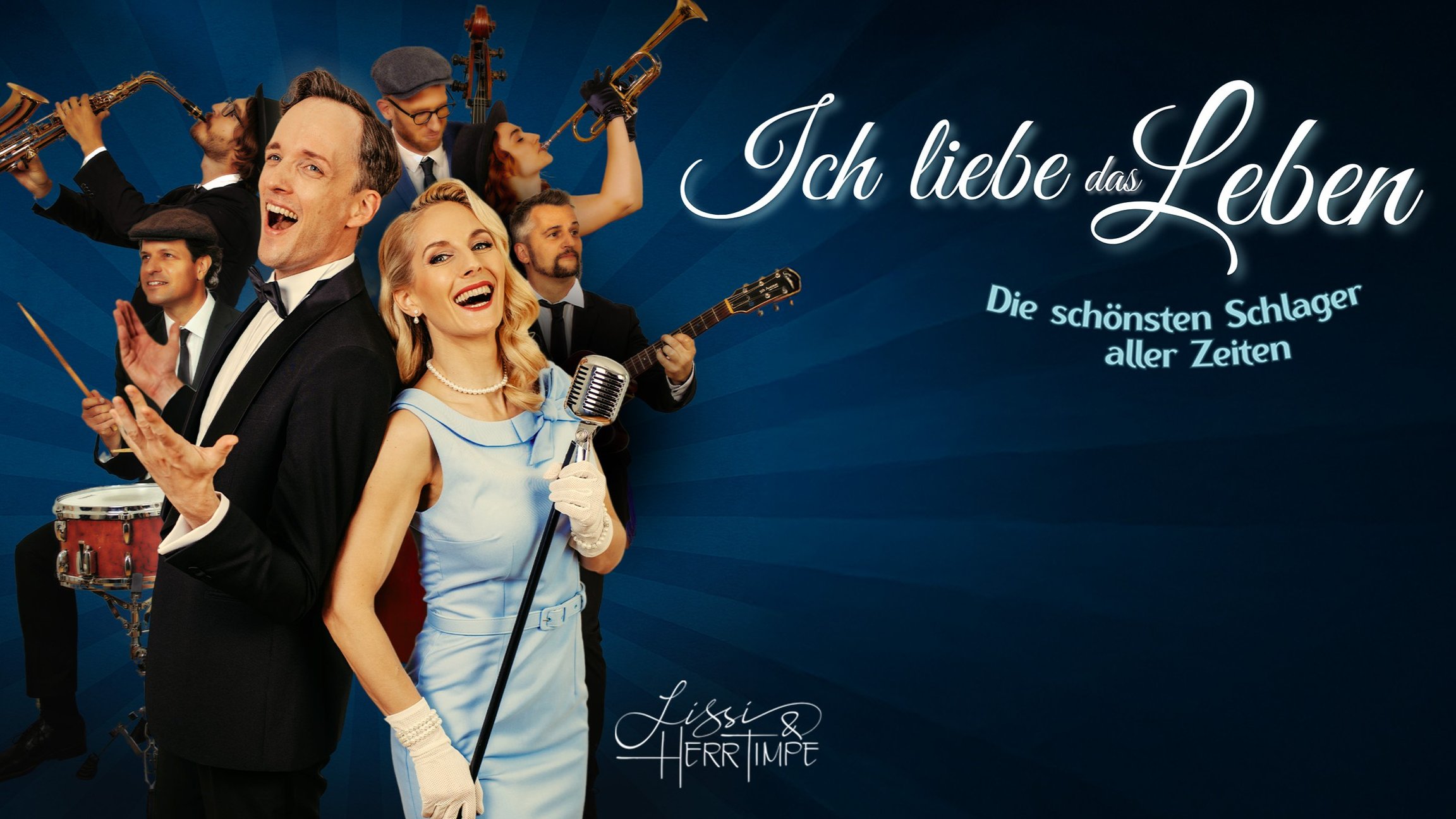 Grafik aus mehreren Fotos der Musiker*innen mit Instrumenten auf blauem Hintergrund mit Ankündigung 