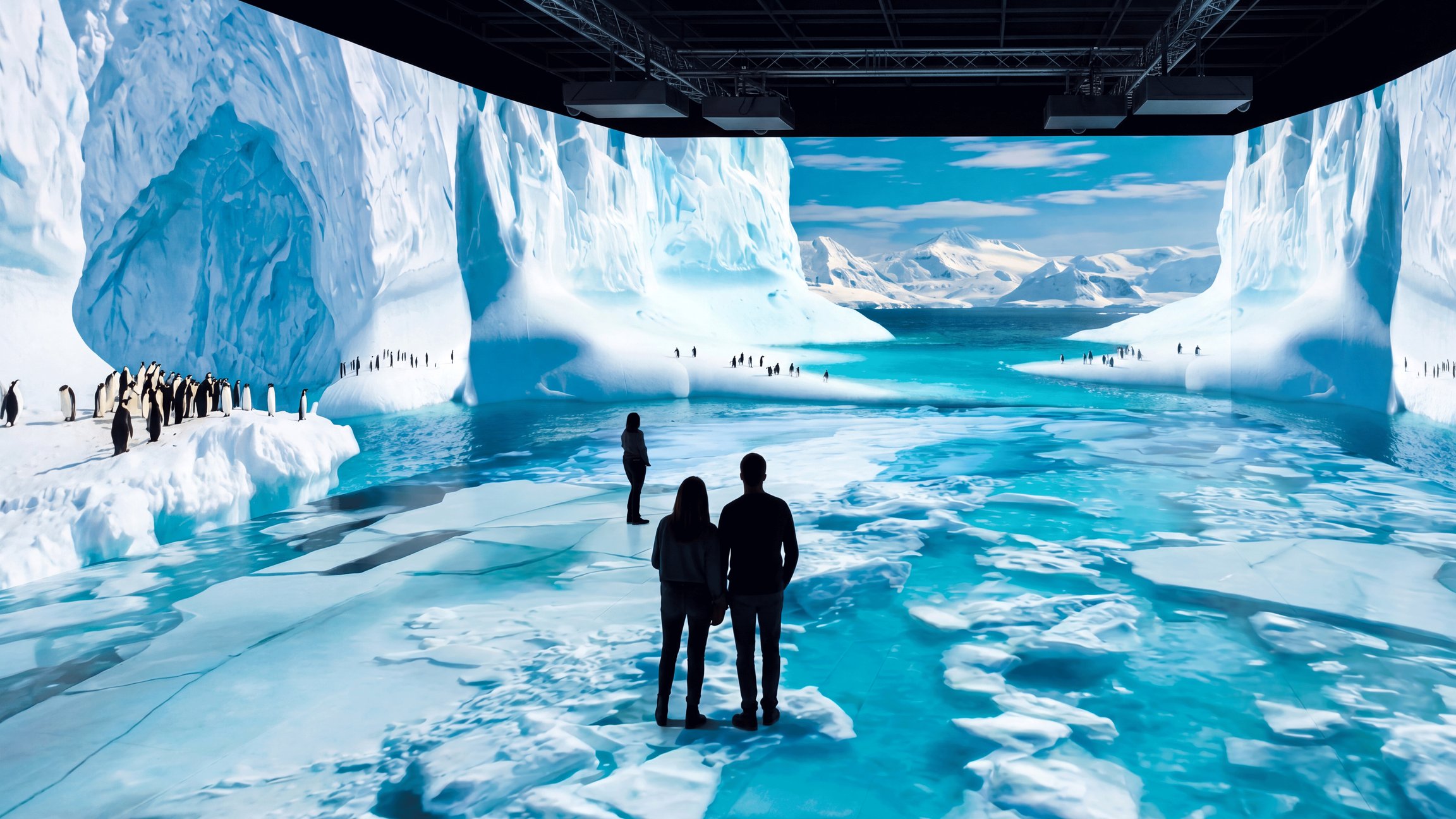 Immersiver Ausstellungsraum der Polarwelten mit raumhohen Projektionen von Eisbergen, Packeis und antarktischer Küstenlandschaft auf Wänden und Boden, davor mehrere Besuchende im abgedunkelten Raum, während Pinguinkolonien entlang der projizierten Eisflächen dargestellt werden.