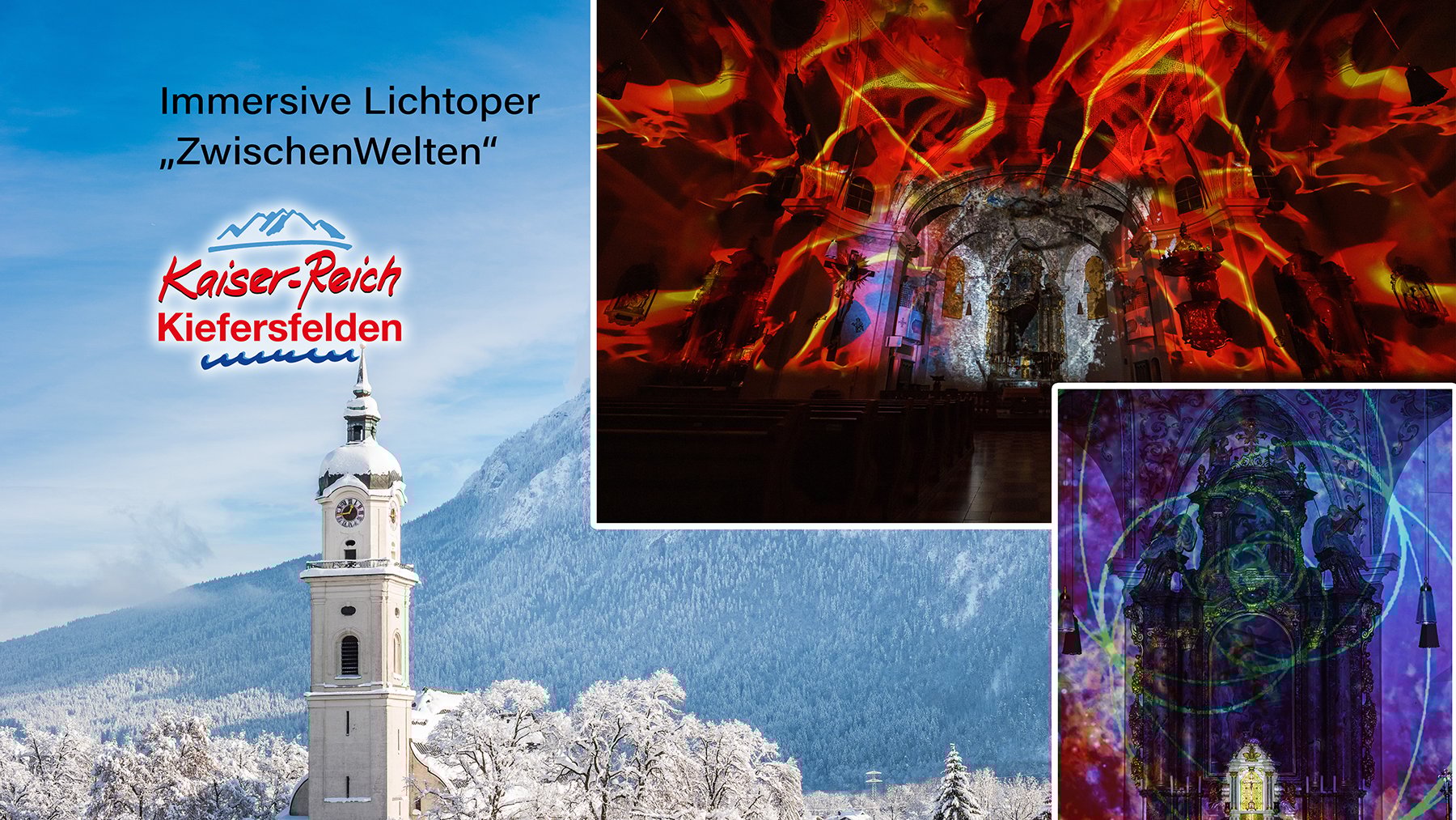 Eine Collage mit einer verschneiten Landschaft, zwei kleineren Fotos und schwarzer Typografie.