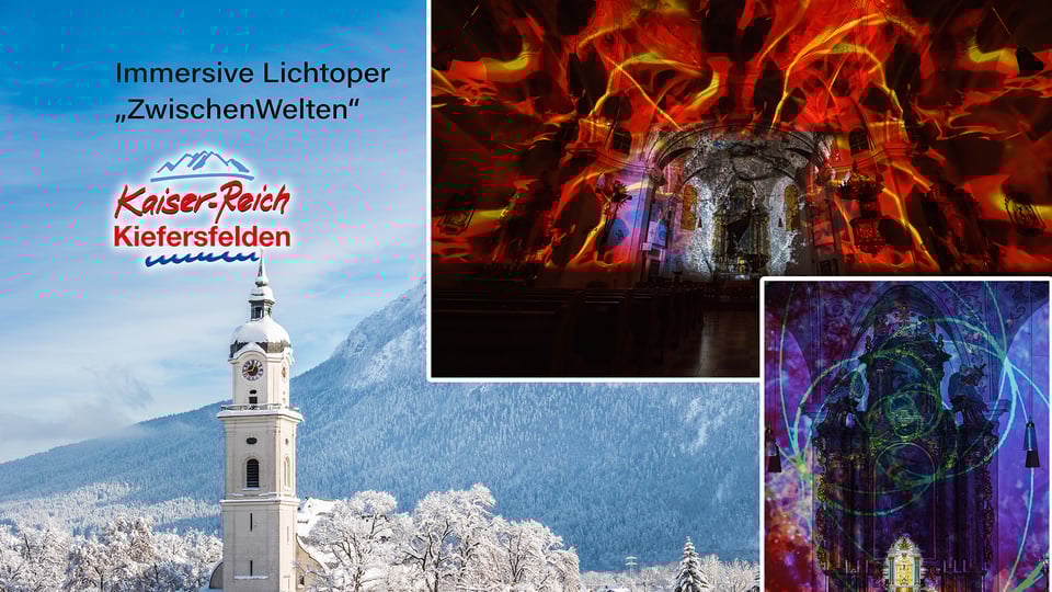 Eine Collage mit einer verschneiten Landschaft, zwei kleineren Fotos und schwarzer Typografie.