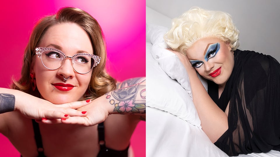 Porträtcollage mit zwei Personen, links eine Person mit auffälliger Brille, Tattoos und Piercings vor pinkem Hintergrund, rechts eine Person mit blondem Haarstyling und markantem Bühnen-Make-up auf einem weißen Bett vor hellem Hintergrund