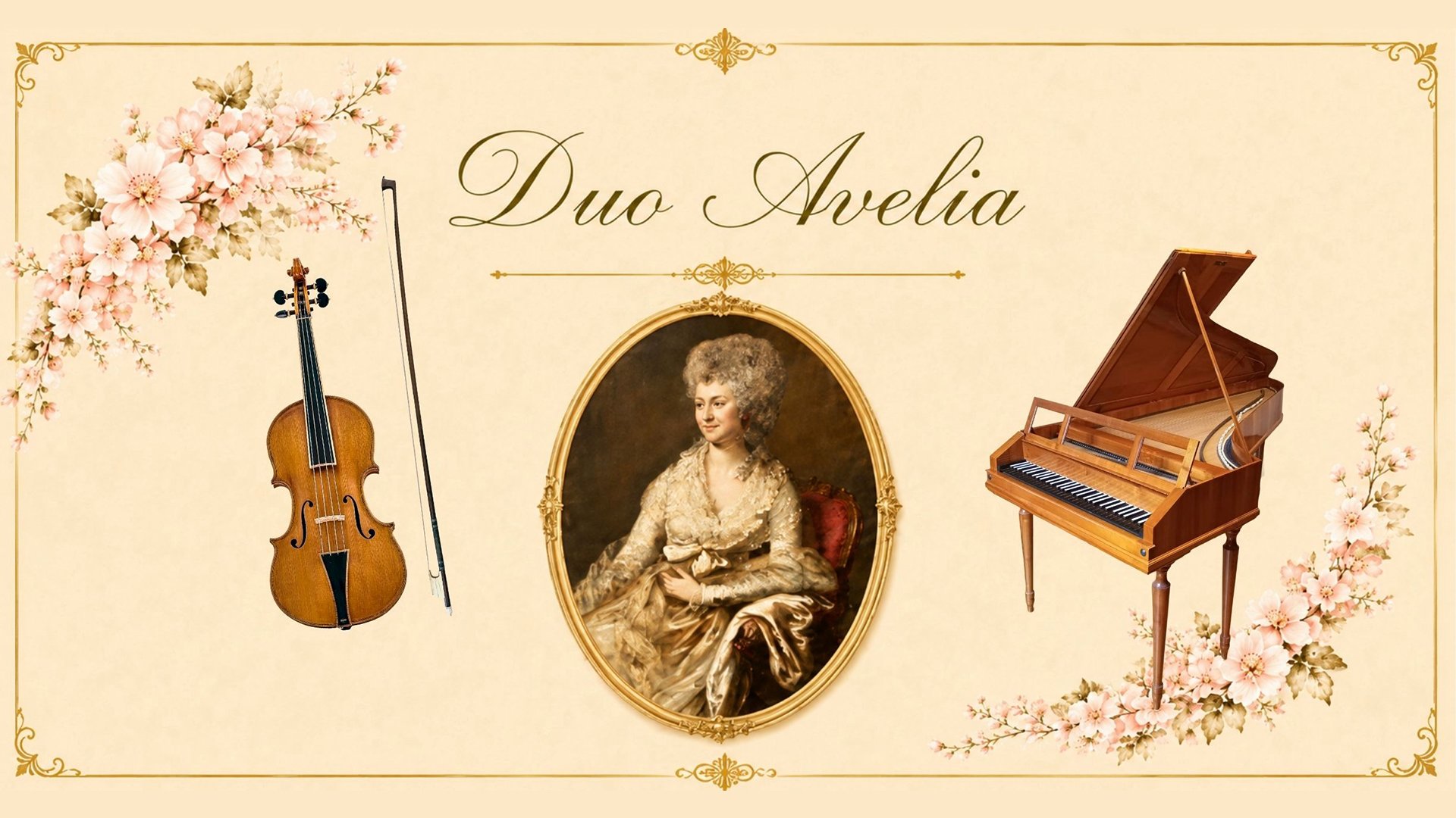 Plakat Duo Avelia mit historisch gestaltetem Porträt einer Person in ovalem Goldrahmen, seitlich eine Violine mit Bogen und einem Hammerflügel, umgeben von rosafarbenen Blütenornamenten auf cremefarbenem Hintergrund mit Schriftzug Duo Avelia