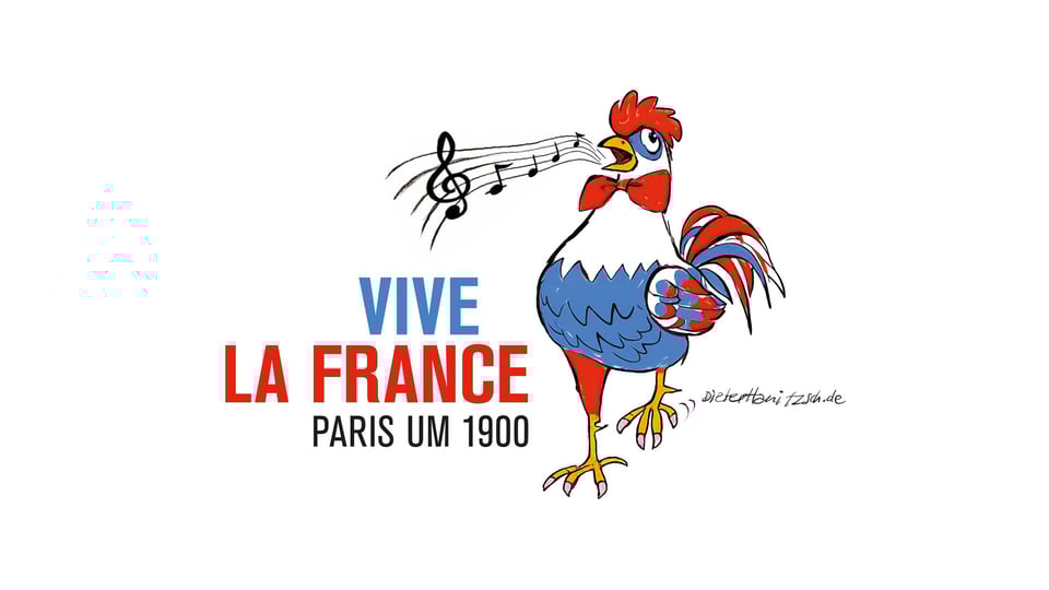 Ein gezeichnetes Huhn das singt und aus dem Mund kommen Noten 