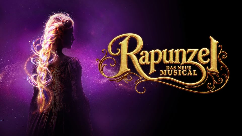 Werbegrafik für Rapunzel – Das neue Musical mit einer Frau im Profil vor violettem Hintergrund und langem leuchtendem Zopf sowie goldenem Titelschriftzug.