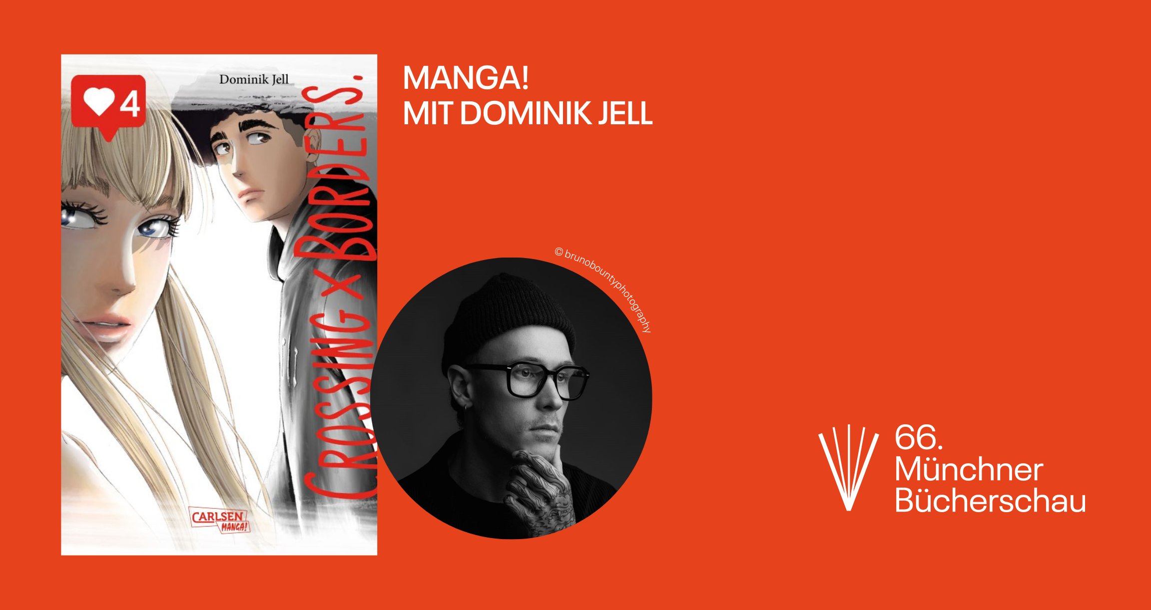 Grafik mt orangenem Hintergrund, einem Buchcover und dem Foto einer Person.