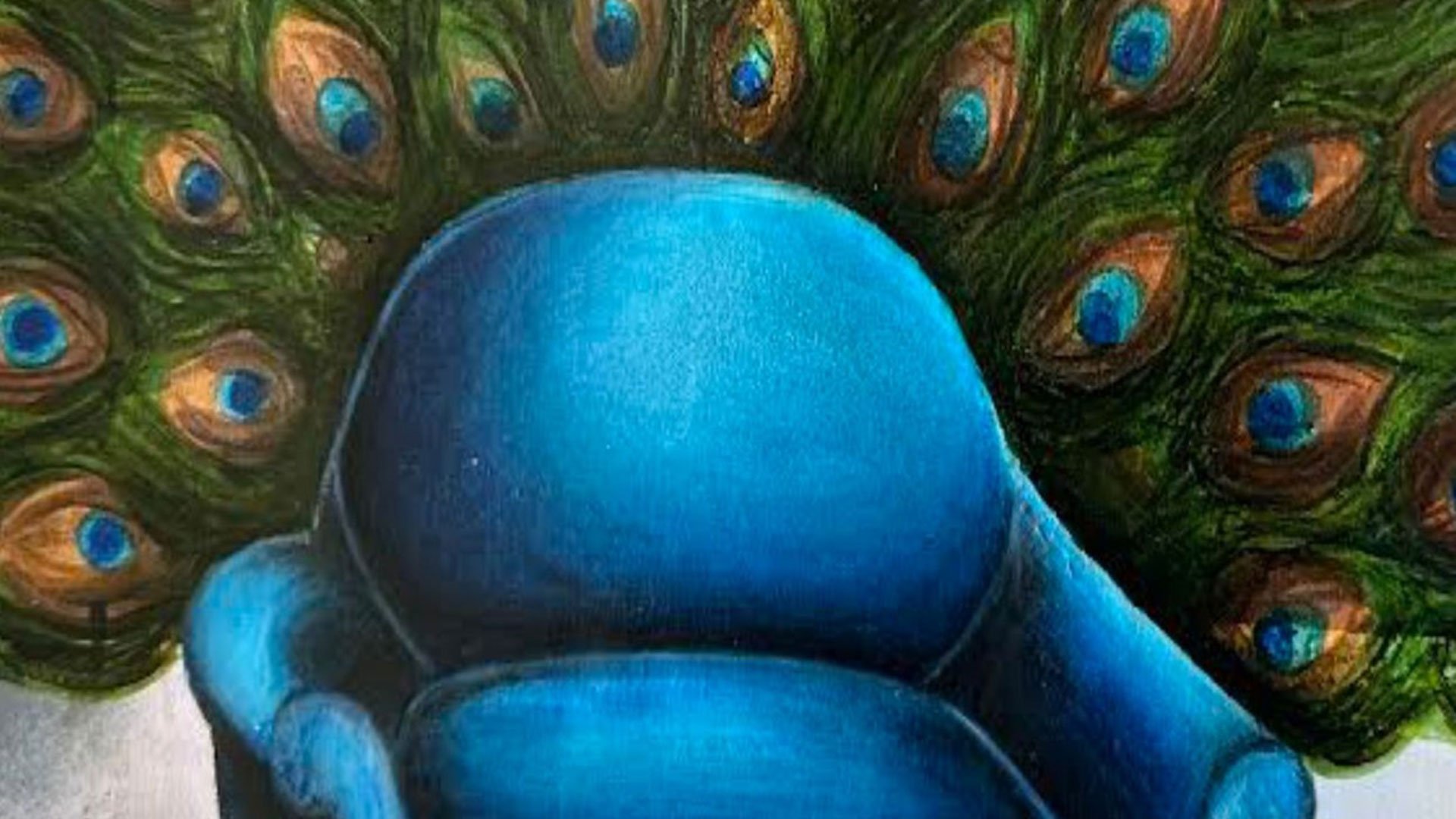 Grafik zum „Frühjahrskonzert des Pestalozzi-Gymnasiums München 2026“ mit einem blauen, stilisierten Pfau vor aufgefächerten Pfauenfedern mit grünen und blauen Augenmustern.