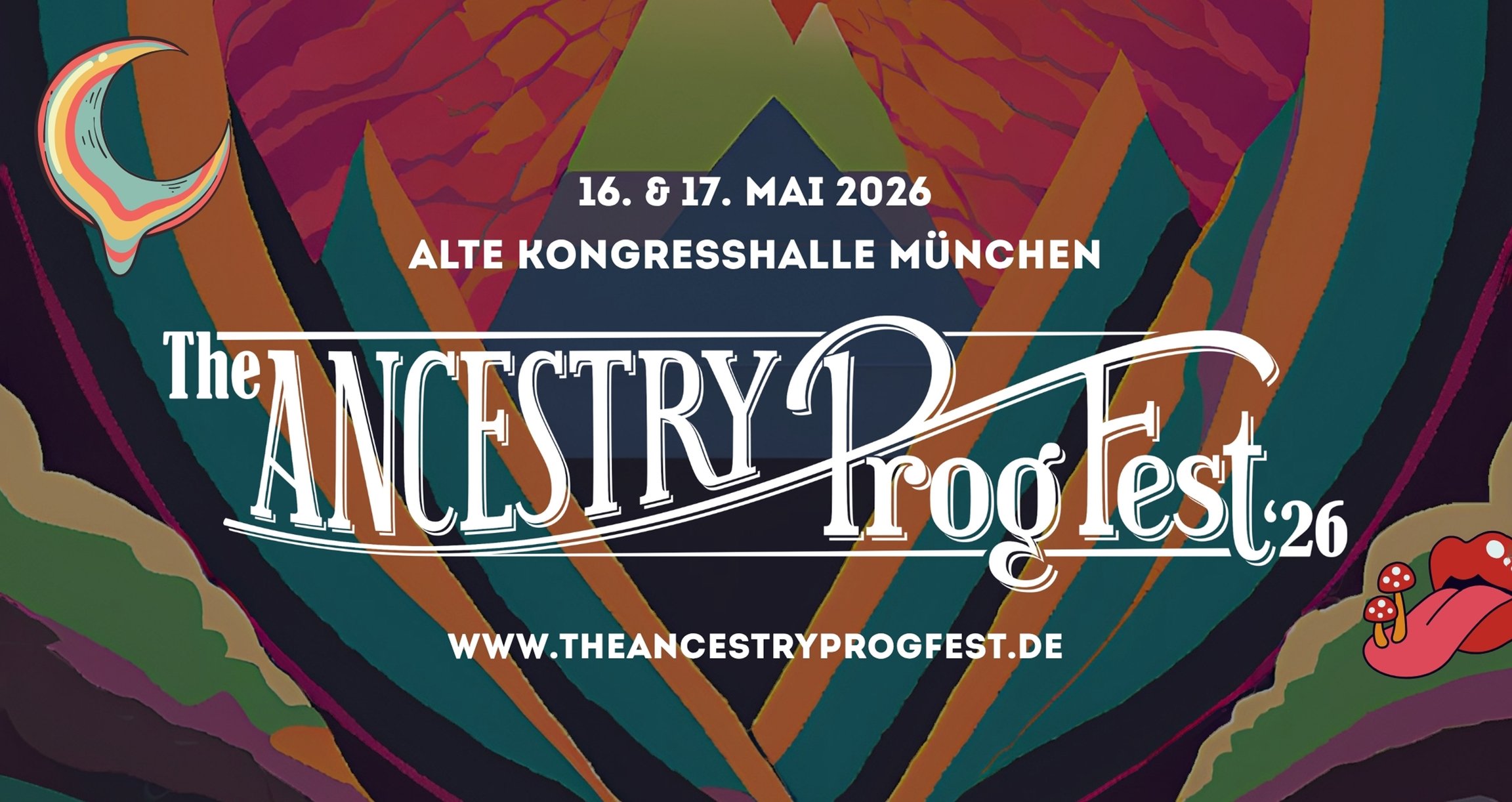 Plakat des Festivals „The Ancestry Prog Fest“ mit farbigem Hintergrund und weißer Beschriftung