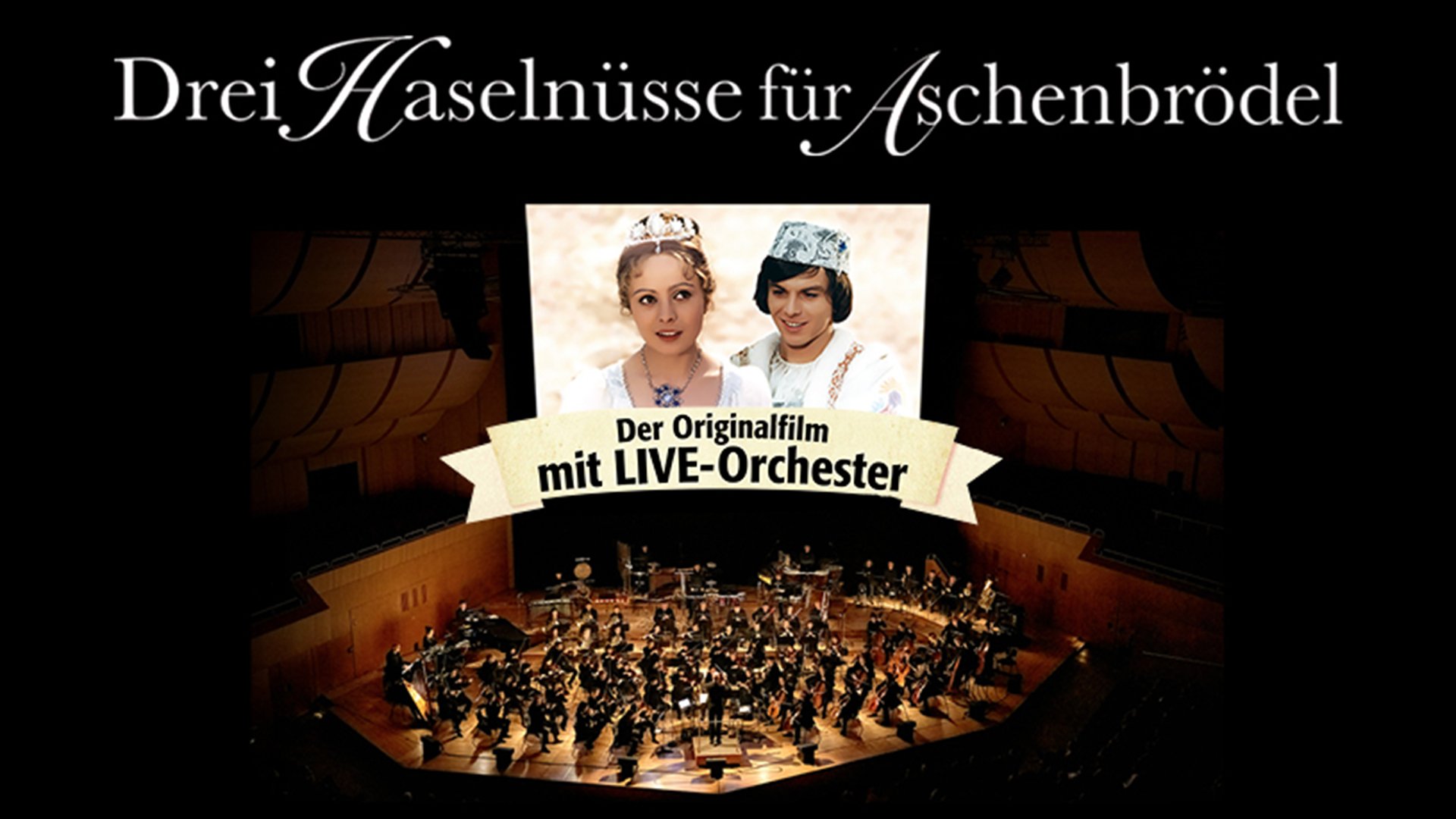 Plakat mit Bild von einem orchester und zwei Darstellern 