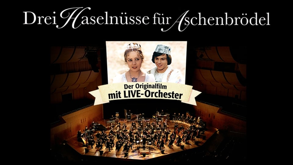 Plakat mit Bild von einem orchester und zwei Darstellern 