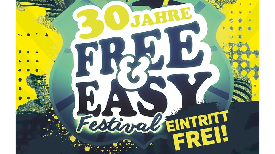 Buntes Festivalplakat mit der Aufschrift 30 Jahre Free & Easy Festival auf gelbem Hintergrund, mit grafischen Farbflächen und dem Hinweis Eintritt frei.